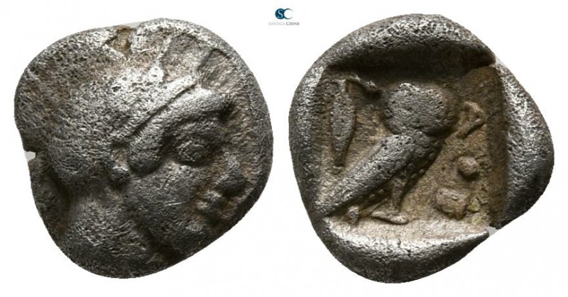 Attica. Athens circa 454-404 BC.
Obol AR

7mm., 0,64g.

Helmeted head of At...