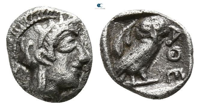Attica. Athens circa 454-404 BC.
Hemiobol AR

5mm., 0,31g.

Helmeted head o...