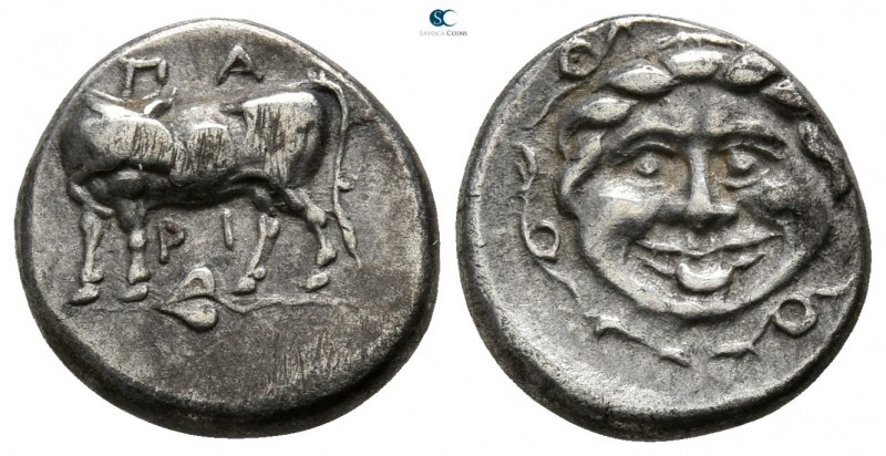 Mysia. Parion circa 400-300 BC.
Hemidrachm AR

12mm., 2,34g.

Cow standing ...