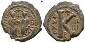 Justin II and Sophia AD 565-578. Dated RY 5=AD 569/0.. Theoupolis (Antioch). Half follis Æ