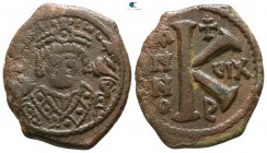 Maurice Tiberius. AD 582-602. Dated RY 14=AD 596/7. Theoupolis (Antioch). Half follis Æ