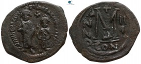 Heraclius with Heraclius Constantine AD 610-641. Dated RY 3=AD 613. Constantinople. Follis Æ