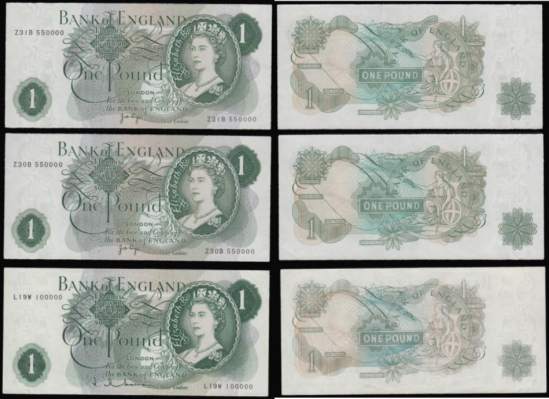 One Pounds with distinctive serial numbers (3) Hollom L19W 100000, Page Z30B 550...