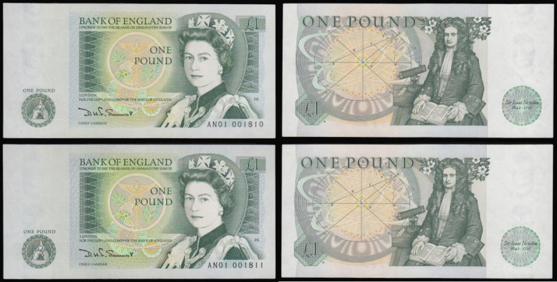 One Pound Somerset B341 issued 1981 very first run (2) consecutives AN01 001810 ...