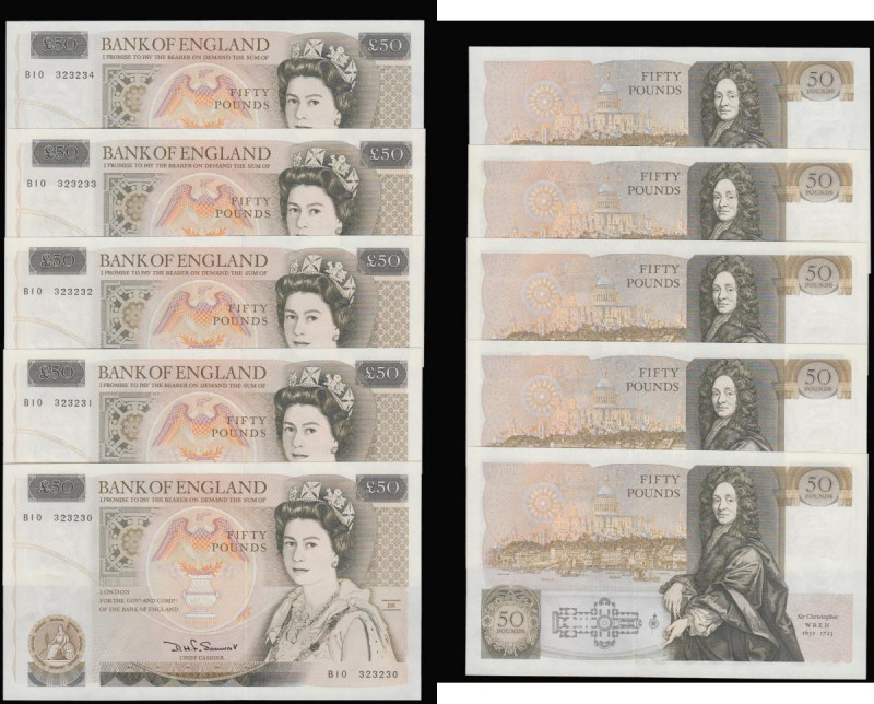 Fifty pounds Somerset B352 issued 1981 (5 consecutives) series B10 323230 throug...