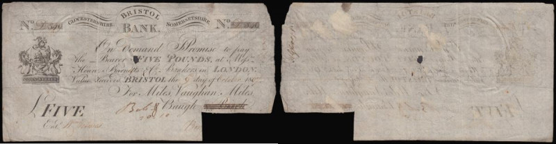 Bristol Bank 5 Pounds cut-cancelled across signature dated 9th October 1807 numb...