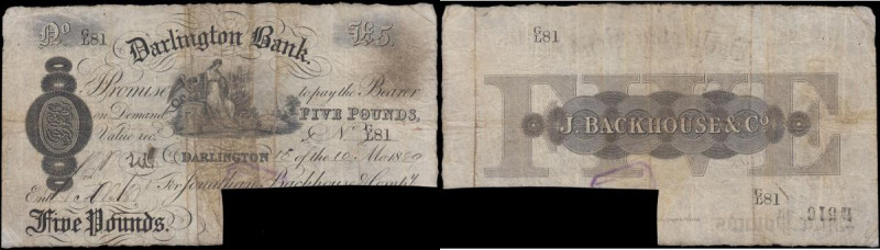 Darlington Bank 5 Pounds No. G/L 81 dated 15th October 1889 For Jonathan Backhou...