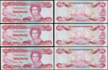 Bahamas (3) a high grade, about UNC - UNC, consecutively numbered trio of the QE2 portrait 3 Dollars Pick 44 Law of 1974 (1984) signature William C. A...