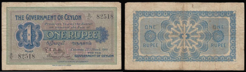 Ceylon The Government of Ceylon Rupee 23rd March 1918 Pick 18 near Fine

Estim...