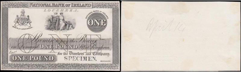 Ireland National Bank 1 Pound SPECIMEN PROOF on card PMS NA22 uniface in black a...