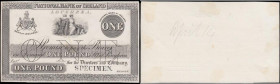 Ireland National Bank 1 Pound SPECIMEN PROOF on card PMS NA22 uniface in black and white SPECIMEN overprint on Manager signature area, Stg added to ce...