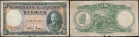 Straits Settlements 10 Dollars Pick 18b dated 1st January 1935 serial number C/15 48330 signed Rex Curall For the Currency Commissioners and the note ...