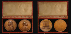 Centenary of Wesleyan Methodism 1839 a 2-medal set both 48mm diameter in bronze by C.F.Carter, the first Eimer 1329b, BHM 1895, Obverse: Bust left, dr...