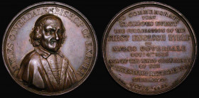 First English Bible, Tercentenary 1835 44mm diameter in bronze by J. Davis, Eimer 1283, BHM 1691, Obverse: Bust almost facing, draped MYLES COVERDALE ...
