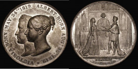 Marriage of Queen Victoria to Prince Albert 1840 54mm diameter in white metal by Davis, Birmingham. Obverse busts left conjoined, VICTORIA BORN MAY 24...