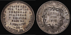 Uruguay Medal 1873 Blessing of the Chapel of Ancon, 30mm diameter in silver, 11.62 grammes, reverse legend translates as: Paid for by various pious pe...