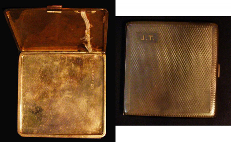 A gold cigarette case in 9 carat gold by Mappin & Webb inscribed J.T on the oute...