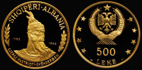 Albania 500 Leke 1968 500th Anniversary of the Death of Prince Skanderbeg KM#56.1 Gold Proof, an imposing 55mm diameter issue weighing 98.374 grammes,...