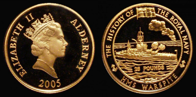 Alderney &pound;25 Gold 2005 History of the Royal Navy - HMS Warspite, KM#117 Go...