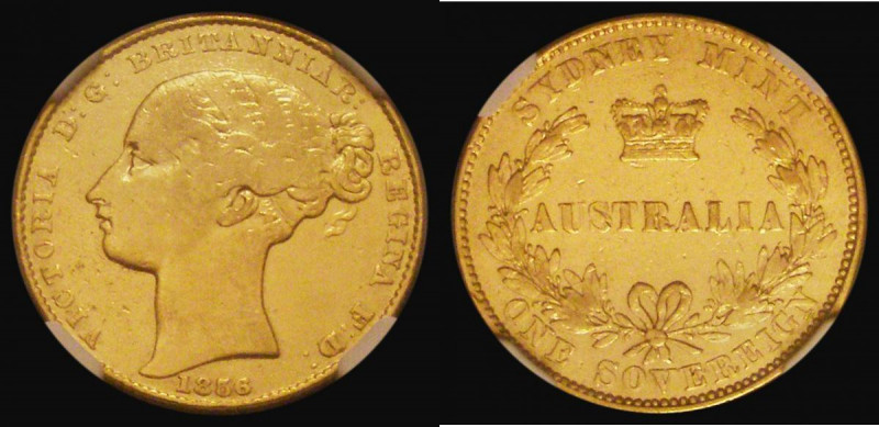 Australia Sovereign 1856 Sydney Branch Mint, First Bust type, Marsh 361 in an NG...