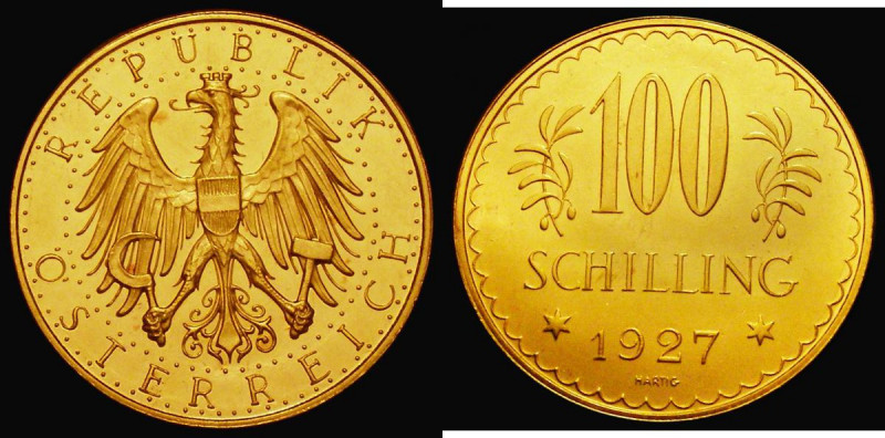 Austria 100 Schillings Gold 1927 Prooflike striking KM#2842 UNC with the odd tin...