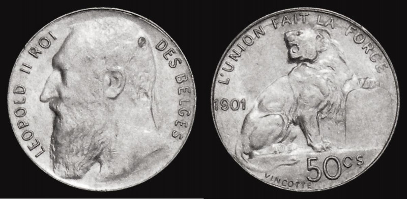 Belgium 50 Centimes 1901 French Legend DES BELGES KM#50 UNC with a small tone sp...