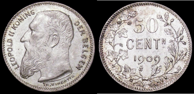 Belgium 50 Centimes 1909 Dutch Legend KM#61.2 UNC and lustrous with a hint of go...