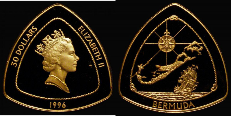 Bermuda 30 Dollars Gold 1996 Triangular Gold Proof, Reverse: Map of the Islands,...