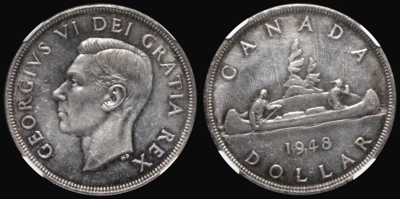 Canada Dollar 1948 KM#46 in an NGC holder and graded MS62, the key date in the s...