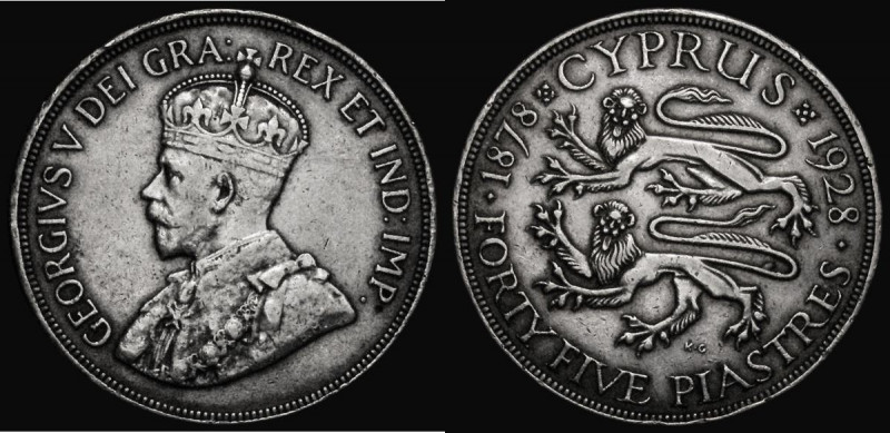 Cyprus 45 Piastres 1928 50th Anniversary of British Rule KM#19 Good Fine/NVF wit...
