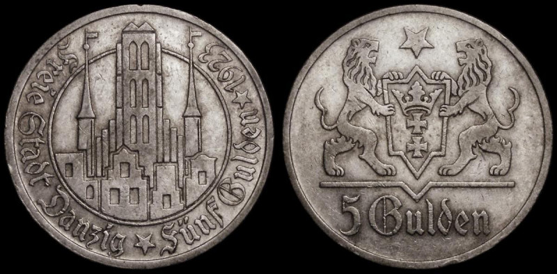 Danzig 5 Gulden 1923 KM#147 Marienkirche GVF with touches of golden tone, a scar...