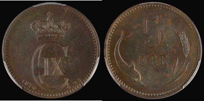 Denmark 5 Ore 1874 (h)CS KM#794.21 UNC, the reverse with a colourful tone, in a ...