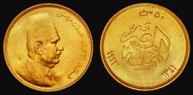 Egypt 50 Piastres Gold AH1341 (1923) Right facing portrait of King Fuad I, KM#34...