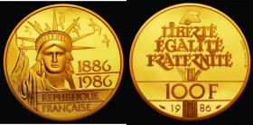France 100 Francs Gold 1986 Centenary of the Statue of Liberty KM#960 Gold Proof, the reverse with a hint of toning, otherwise FDC, uncased in capsule...