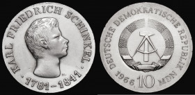 Germany - Democratic Republic Ten Marks 1966 125th Anniversary of the Death of Karl Friedrich Schinkel KM#15.1 UNC or near so and lustrous with some m...