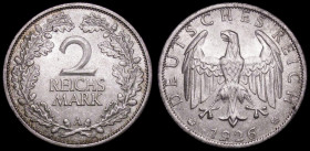 Germany - Weimar Republic 2 Reichsmarks 1926A KM#45 UNC and lustrous with a few very small tone spots

Estimate: GBP 20 - 40