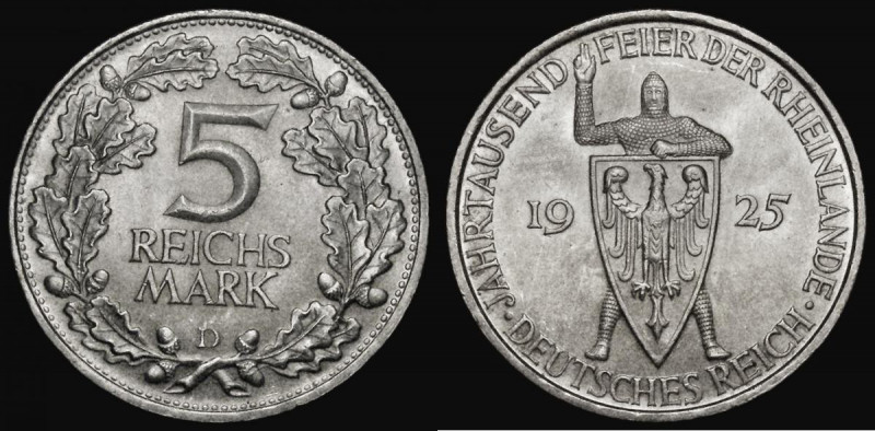 Germany - Weimar Republic Five Reichsmarks 1925D 1000th Year of the Rhineland KM...