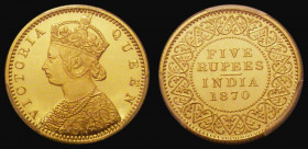 India Five Rupees 1870 Calcutta Mint, Gold Proof Restrike KM#476, in a PCGS holder and graded PR63 CAM, one of only two examples graded PR63 CAM by PC...