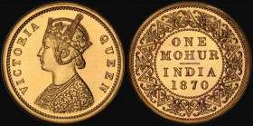 India Mohur 1870 Calcutta Mint, Gold Proof Restrike KM#480, Young Bust with V on groundline of bust. SW 4.9, Prid.11. in a PCGS holder and graded PR63...