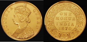 India Mohur 1870 Calcutta Mint, Gold Proof Restrike KM#481, Mature Bust SW 4.10, Prid.10, Milled edge, in a PCGS holder and graded PR63, the India Gol...