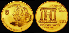 Israel 100 Lirot Gold 1968 (JE5728) Reunification of Jerusalem - Israel's 20th Anniversary KM#52 Gold Proof, a small tone spot on the reverse otherwis...