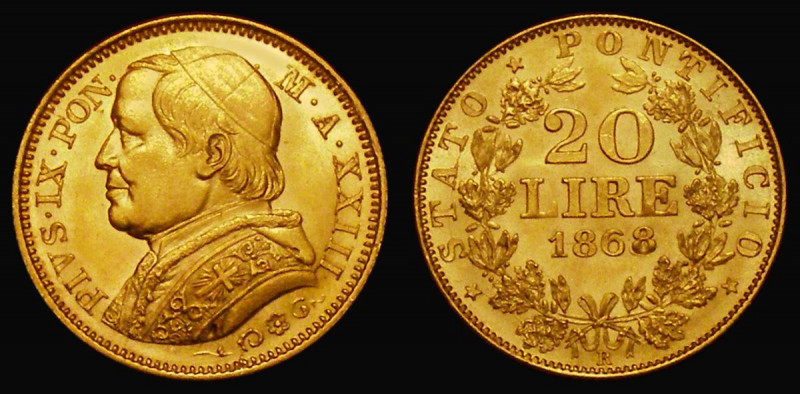 Italian State - Papal States 20 Lire Gold 1868 XXIIIR Large Bust KM#1382.4 Lustr...