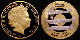 Jersey Five Pounds 2018 100 Years of the Royal Air Force Gold Proof, the reverse showing three iconic aircraft in selective Rhodium plating, Proof FDC...