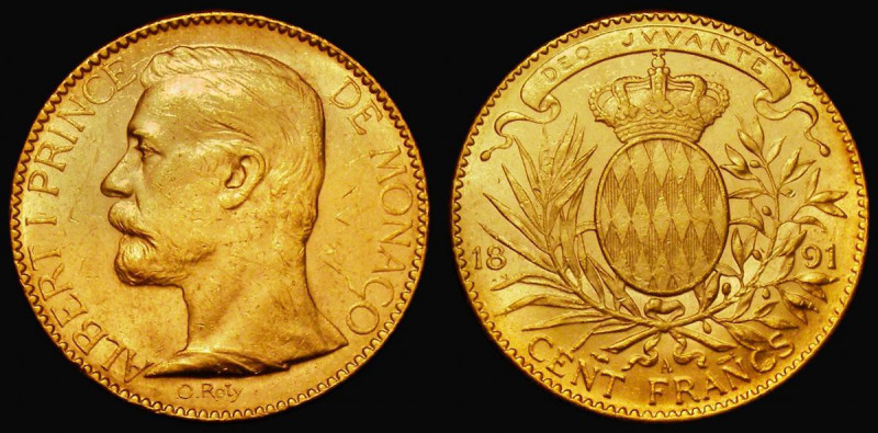 Monaco 100 Francs Gold 1891 KM#105 NEF and lustrous, the obverse with some conta...