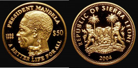Sierra Leone 50 Dollars 2004 Nelson Mandela, unlisted by Krause, Gold One Tenth Ounce Proof FDC uncased

Estimate: GBP 200 - 250