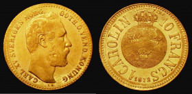 Sweden Gold Carolin (10 Francs) 1872 Trade Coinage, Small Ear, KM#716 NEF/EF and lustrous, with some hairlines, a low mintage issue with a combined mi...