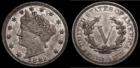 USA Five Cents 1883 Barber Liberty Head First Type, No Cents, Repunched Date, with a small extra line extending from the lower left of the first 8 (po...
