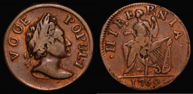 USA Halfpenny 1760 VOCE POPULI with C over O in VOCE (appears VOOE) No stops on Obverse, Reverse with head between E and R of HIBERNIA. Breen 227, Nel...