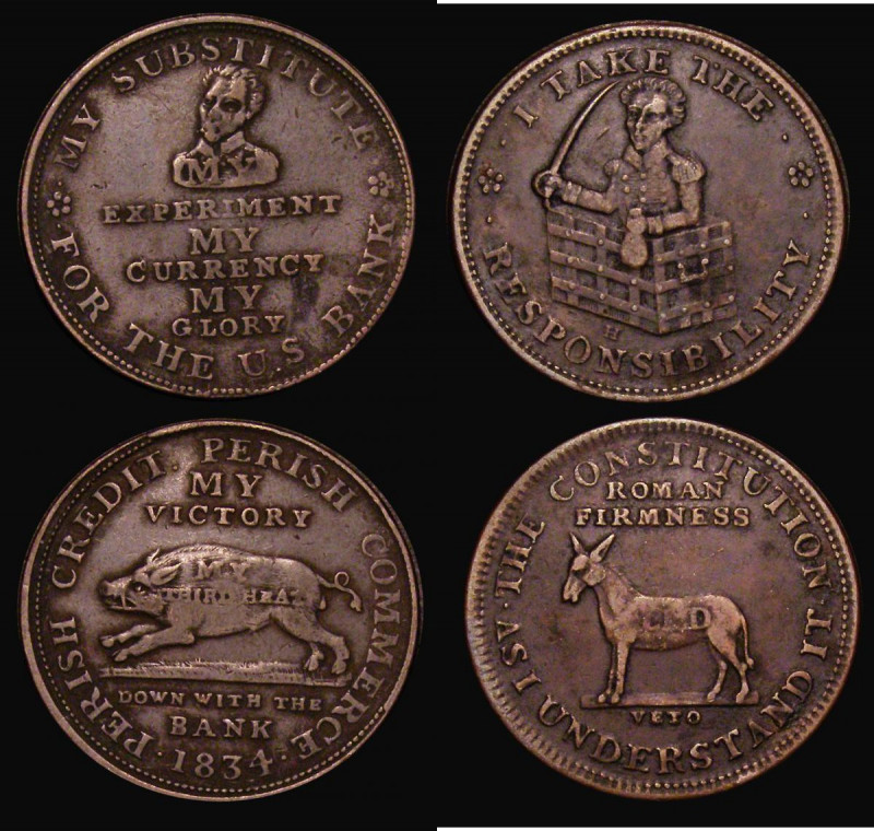 USA Hard Times Tokens (2) 1834 My Victory/Jackson L8, HT9, Fine, undated (1833) ...