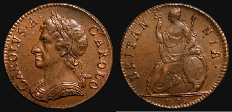 Farthing 1675 Peck 528 UNC with slight traces of lustre, in an LCGS holder and g...